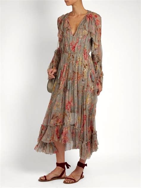 Zimmermann Mercer Floating Floral Print Silk Chiffon Dress Maxi