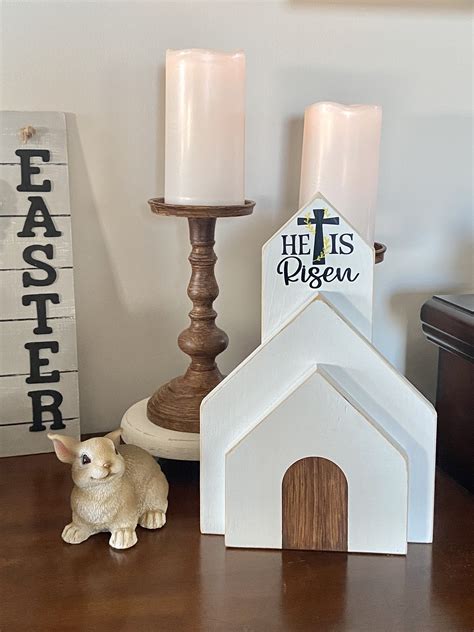 Wood Church Decoration, Easter Tabletop Décor, He is Risen, Easter Gift, White, Farmhouse Style ...