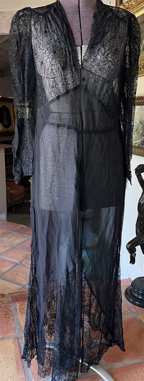 Antique Edwardian Sexy Sheer Black Lace Silk Chiffon Dress Nightgown