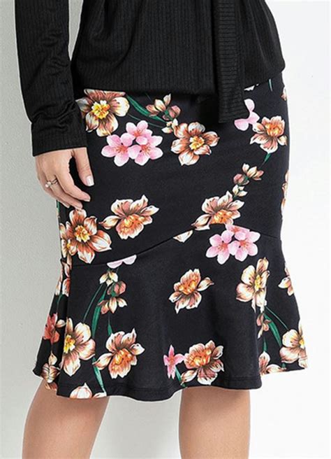 Saia Babado Floral Preta Moda Evang Lica Rosalie