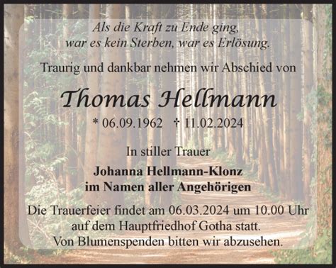 Traueranzeigen Von Thomas Hellmann Trauer In Thueringen De