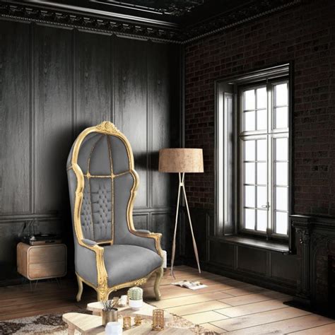 Grand Fauteuil Carrosse De Style Baroque Tissu Velours Gris Et Bois Dor