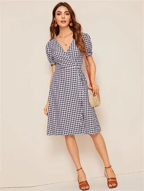 SHEIN Surplice Wrap Knot Front Gingham Dress Gingham Dress Fit And