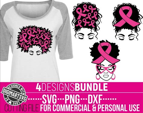 4x Black Woman Svg Bundle Messy Bun Svg Awareness Ribbon Pink Ribbon