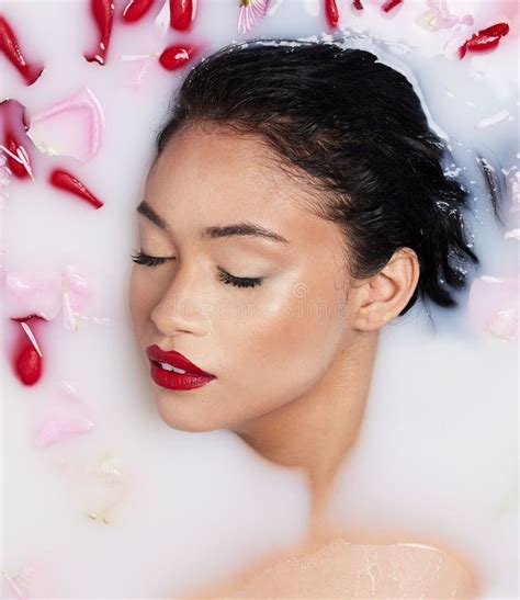 Rose Milk Bath Natural Beauty And Red Lipstick Of An Asian Woman With