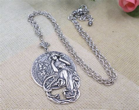 Silver Alphonse Mucha Necklace Art Nouveau Goddess Pendant Etsy