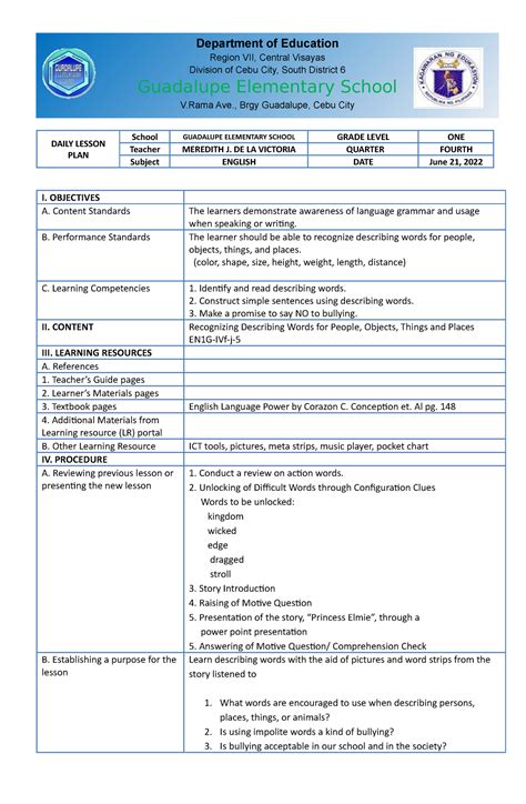 Cot 3 English Repaired Daily Lesson Plan School Guadalupe