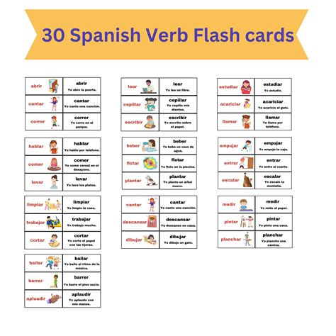 30 Flash Cards Spanish Verb For Classroom Decor Flash Cards Spanish