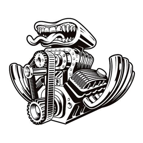 Una ilustración de motor hot rod de dibujos animados en blanco y negro aislado en un fondo