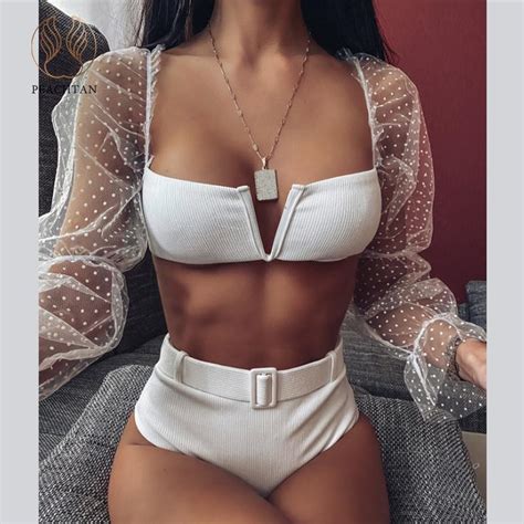 Womens Swimwear Peachtan Sexy White Bikini Set 2021 High Waist Swimsuit