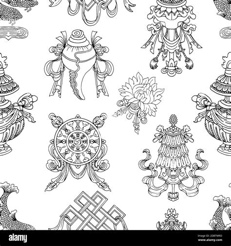 Seamless Pattern With Black And White Eight Auspicious Symbols Of