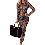 Honganda Sexy Women S Sheer Mesh Pearl Rhinestone Cover Up Dress Beach