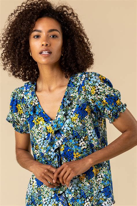 Floral Print Frill Detail Blouse In Blue Roman Originals Uk