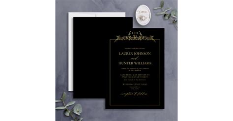 Gold Black Floral Border Monogram Wedding Foil Invitation | Zazzle