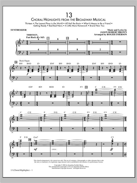 13 Choral Highlights From The Broadway Musical Arr Roger Emerson Synthesizer Sheet Music