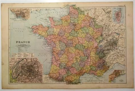 Carta Geografica Antica Francia France Con Dipartimenti Parigi Old