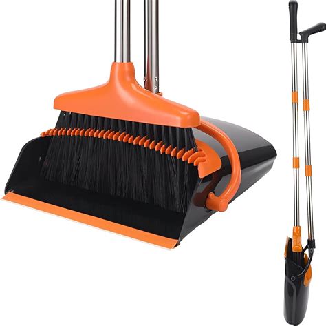 Long Handled Dustpan And Brush Set With Comb Teeth Foldable Standing