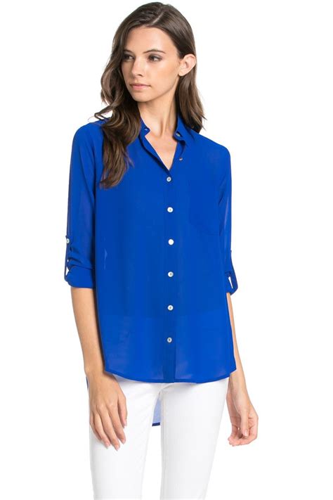 Roll Up Sleeve Button Down Royal Blue Chiffon Blouse Chiffon Blouse Roll Up Sleeves Black