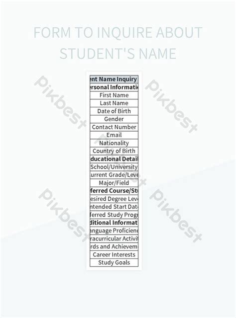 Inquiry Form For Student Name Excel Template Free Download Pikbest