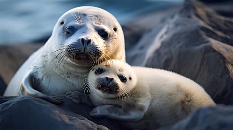 Premium Photo | Cute baby seal pup cuddling with its mother on a rocky ...