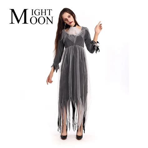 Moonight Women Sexy Halloween Ghost Bride Costume Cosplay Long Sleeves Dress Zombie Party Stage