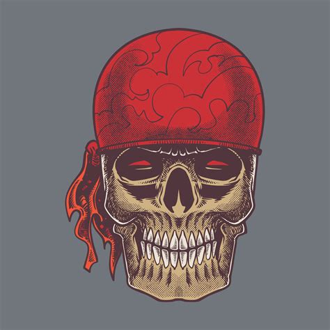 Skull Head With Bandana Hand Drawn Doodle Vintage Drawing In Colorful