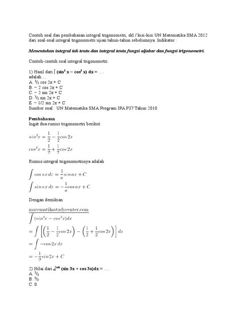 Contoh Soal Dan Pembahasan Integral Trigonometri