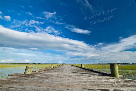 South Carolina Lowcountry Sunset Dock Marsh Grass Scene Hdr Colorful