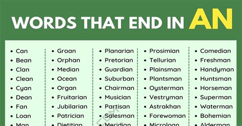 Words That End In An In English Esl