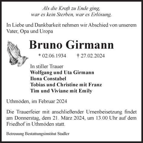 Traueranzeigen Von Bruno Girmann Abschied Nehmen De