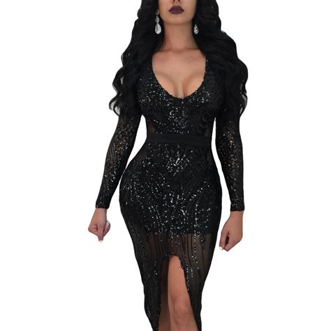 Buy Sexy Women Sequined Bodycon Dress Deep V Neck