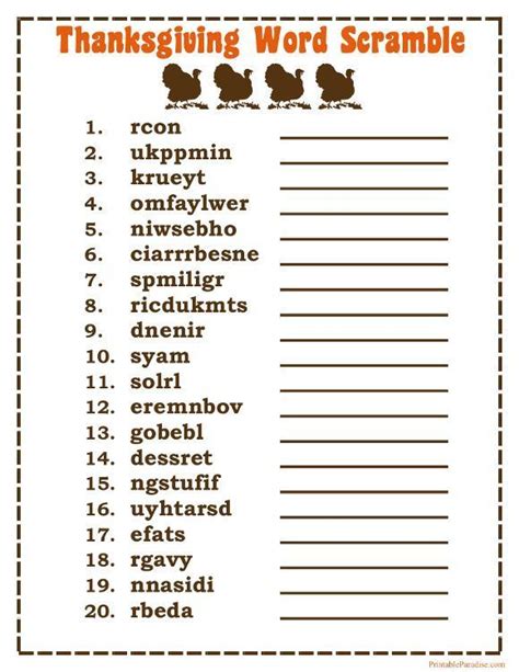 Printable Thanksgiving Word Scramble Game Thanksgiving Words