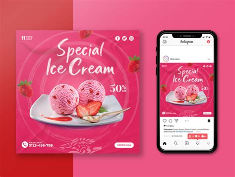 Ice Cream Summer Social Media Promotion Post Design Template Ban By