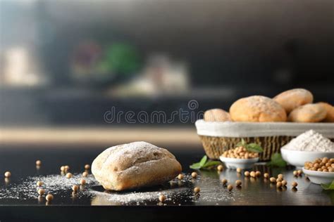 Soy Flour Bread and Grains on Black Kitchen Bench Stock Photo - Image ...