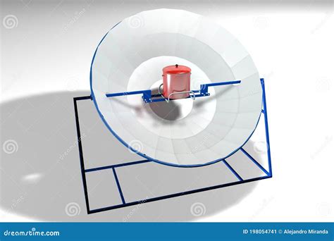 Parabolic Solar Cooker with Blue Structure with a Red Pot on White Background. 3D Illustration ...