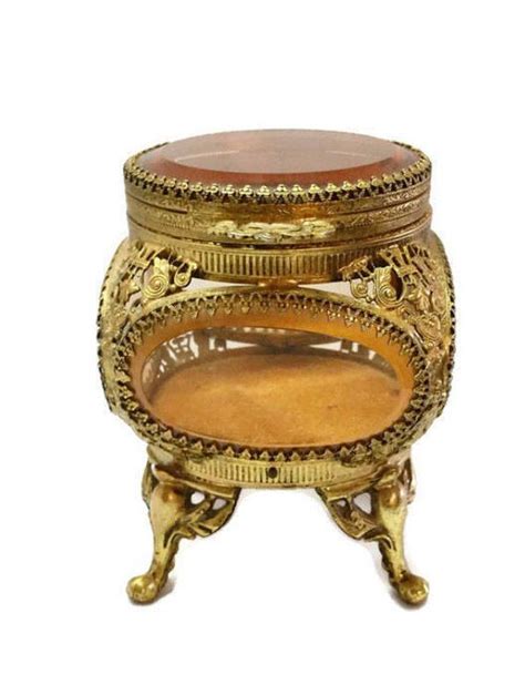 Ormolu Jewelry Casket Beveled Amber Rose Glass Etsy Jewelry Casket Antique Jewelry Box