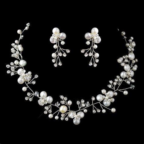 Freshwater Pearl Crystal Bead Vine Wedding Necklace Earrings Bridal Set