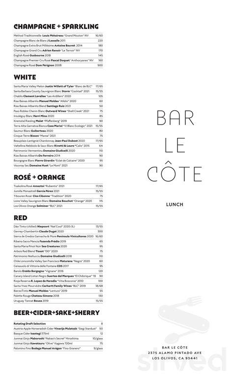 Bar Le Côte Menu In Los Olivos California Usa