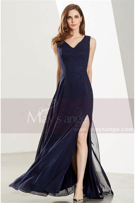 Navy Blue Formal Long V Neck Prom Dress With Side Slit Atelier Yuwa