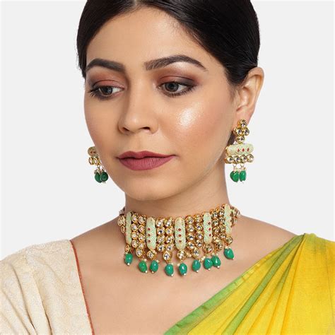 Zaveri Pearls Enamelling Green Pink Stones Choker Kundan Necklace