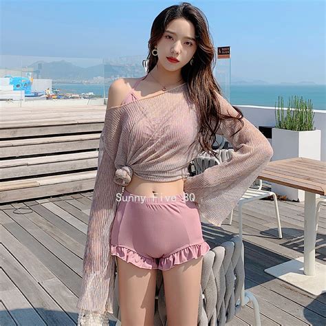 Jual Bikini Set Coverup Korean Swimsuit Piece Bikinis Cover Ups Swim Solid Color High Waist