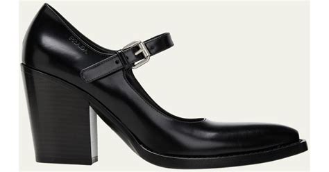 Prada Leather Mary Jane Block Heel Pumps In Black Lyst