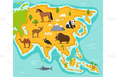 Asian Map With Wildlife Animals Custom Designed Illustrations