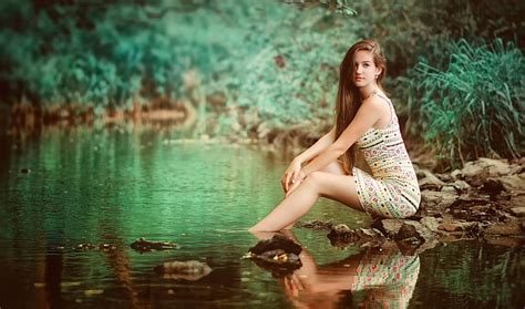 Beautiful Girl In Lovely Place Pretty River Trees Girl Hd