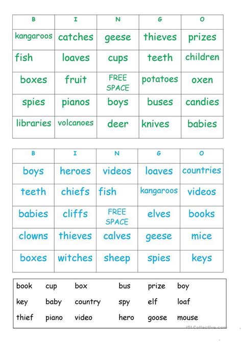 Plurals Bingo Cards English Esl Worksheets For Distance Printable