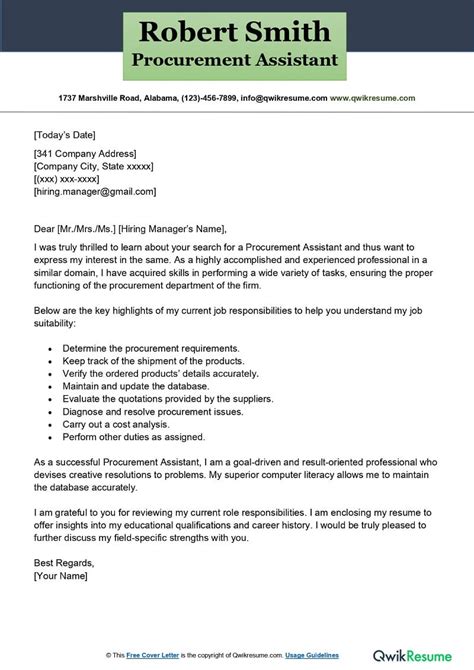 Procurement Assistant Cover Letter Examples Qwikresume