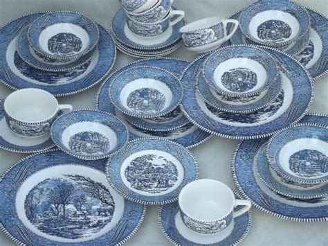 vintage Currier & Ives blue and white china dishes, dinnerware set for 6