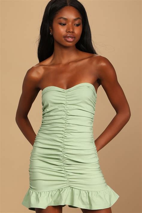 Sage Green Dress Bodycon Mini Dress Ruched Bodycon Dress Lulus