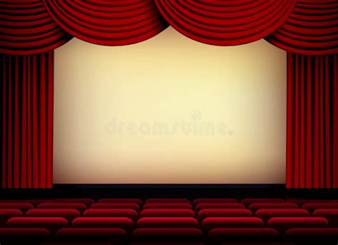 Theater Or Cinema Auditorium Screen With Red Curtains And Seats Stock