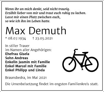 Traueranzeigen Von Max Demuth Abschied Nehmen De